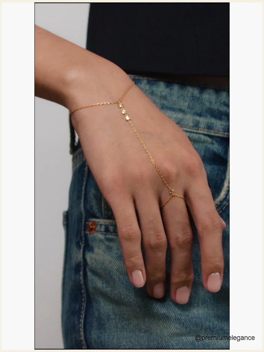 14K Gold Plated Hand Chain Bracelet with Ring - Dainty Adjustable Body Jewelry